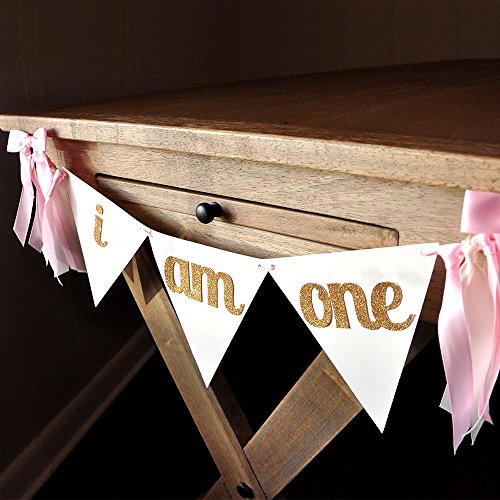 I Am One Banner. First Birthday Banner. I Am One High Chair Banner. Pink and Gold Bunting Banner.