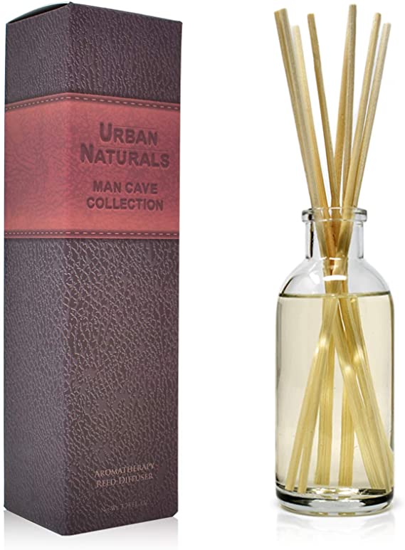 Urban Naturals Leather Mahogany Reed Diffuser Oil Set with Reed Sticks – Masculine Blend of Smoky Bergamot, Leather, Spice, Amber and Wood - Made in The USA