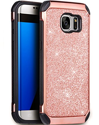 Galaxy S7 Edge Case, BENTOBEN 2 in 1 Luxury Glitter Bling Hybrid Hard Covers Laminated with Sparkly Shiny Faux Leather Chrome Shockproof Bumper Protective Case for Samsung Galaxy S7 Edge, Rose Gold