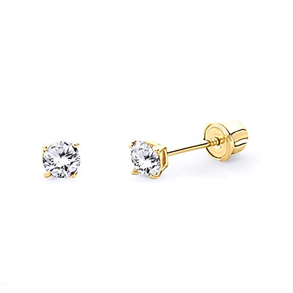 14k Yellow Gold Round Solitaire Basket Set Stud Earrings with Screw Back - 7 Different Size Available