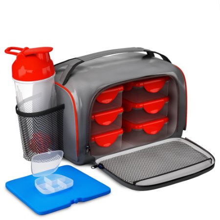 Meal Prep Lunch Fitness Bag - Includes 6 Portion Control Container Set, Reusable Ice Pack, Shaker Blender Cup and Pills Fit Pack