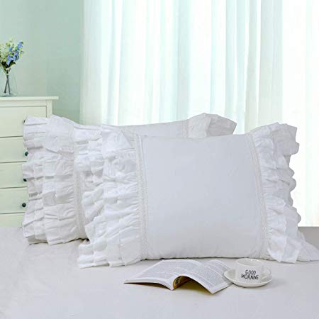 Softta Cotton Ruffle Lace Patchwork Pillow Cover Shams (Pack of 2 NO Filling) White Standard (Twin/Full/Queen)