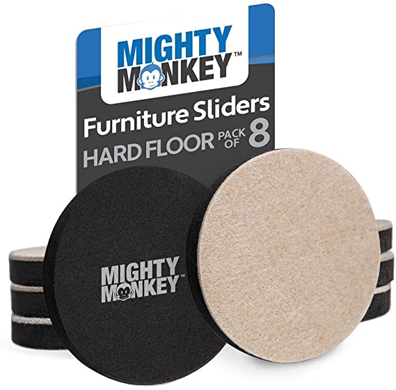 Mighty Monkey Furniture Sliders, 8 Pack, Felt for Hard Floor Surfaces Moving Kit, Chair Leg Floor Protectors, Soft Coaster Pads Help Easily Move Couches, Sofa, Heavy Large Furniture Mover Gliders