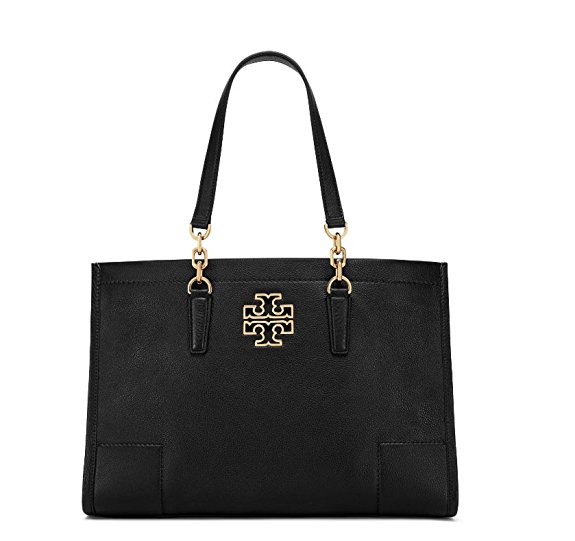 Tory Burch Pebbled Leather Britten Center Zip Large Tote - Black