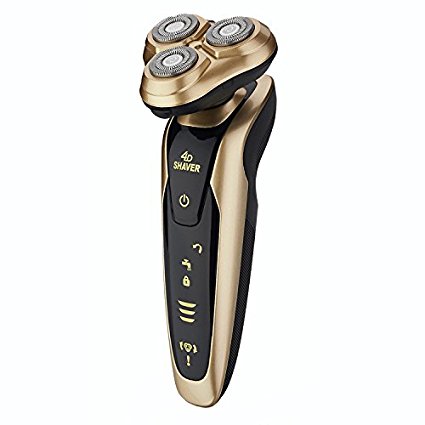 Men's Waterproof Electric Razor, Washable IPX7 4D Wet and Dry Razor Triple Rotary Shaver with Smart Touch Floating Heads (Gold)