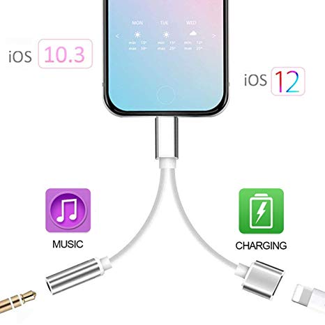 Headphones Adapter for iPhone Splitter Audio and Charge 3.5mm Jack Adapter Earphone Connector for iPhone Xs/Xs Max/XR/X 8/8 Plus/7/2 in 1 Cables Charge & Aux Audio Support iOS10/iOS12 (Silver)