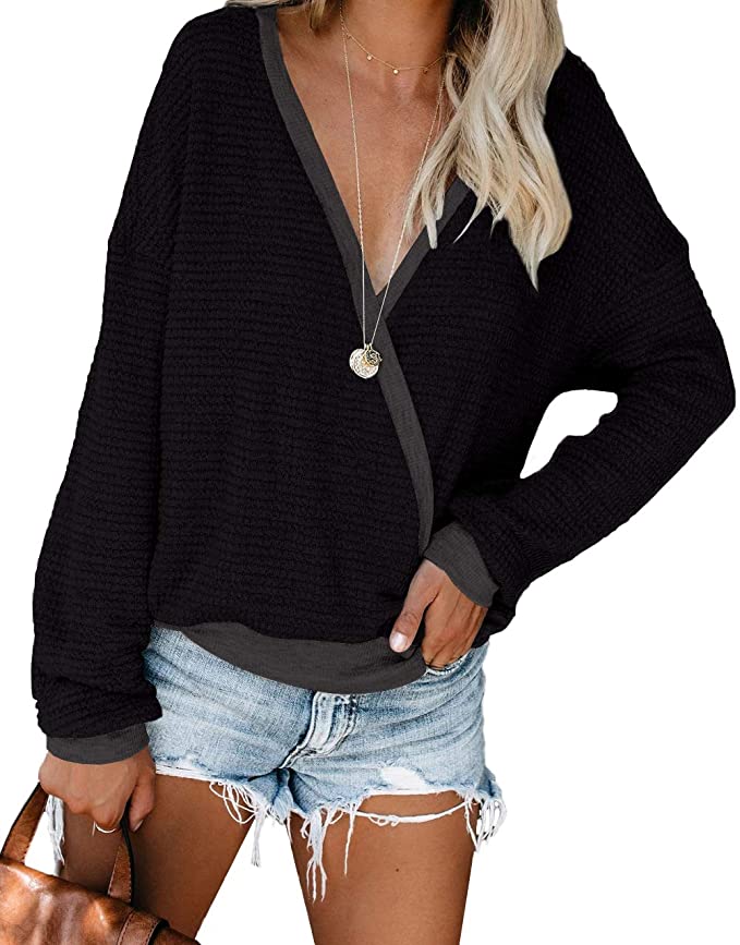 Aokosor Wrap Sweaters for Women Deep V Neck Tops Waffle Knit Shirts Long Sleeve