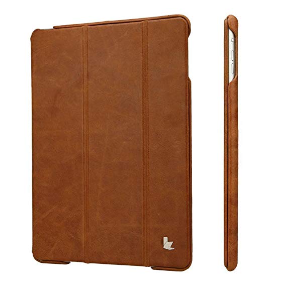 Apple iPad Air iPad Air 2 Case, JS Genuine Leather Handmade Case Cover for iPad Air 2/iPad 6 and iPad Air/iPad 5 [Slim Fit] [Stand Feature] Apple iPad Air 2 Flip Folio Smart Cover with Auto Sleep / Wake Function(2014 Version) in Brown JS-ID6-04A20