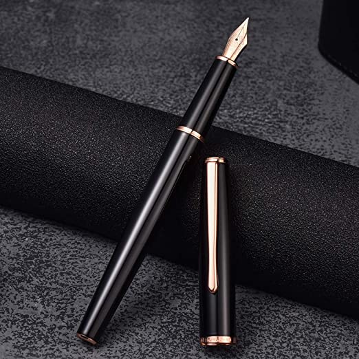 HongDian 920 Black Metal Fountain Pen, Rose Gold Plated Extra Fine Nib Smooth Writing Pen, Classic Pen with Ink Converter