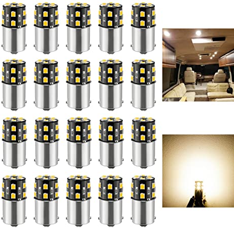 BRISHINE 20PCS 1141 1156 Interior LED Light Bulbs for RV, Super Bright 18-SMD Warm White 1073 1003 7506 BA15S LED Bulbs for Camper Trailer Boat Indoor Lights(12V DC)