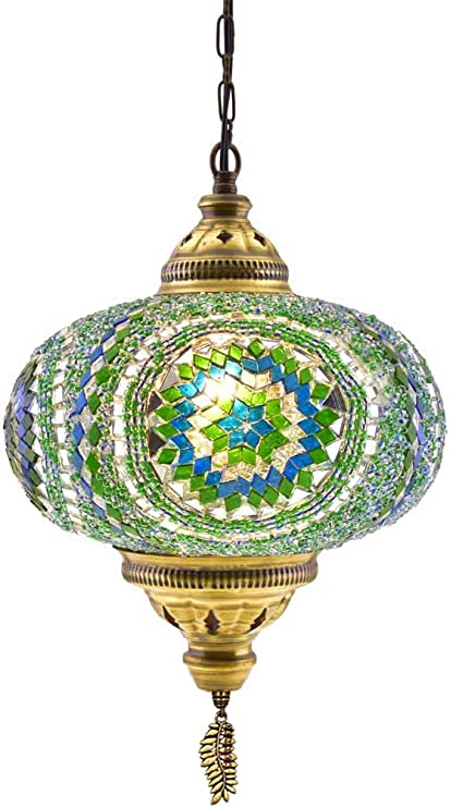 Turkish Moroccan Handmade Mosaic Glass Colorful Boho Ceiling Pendant Fixture Hanging Lamp Light Chandelier, 10" XL (Green-Blue)