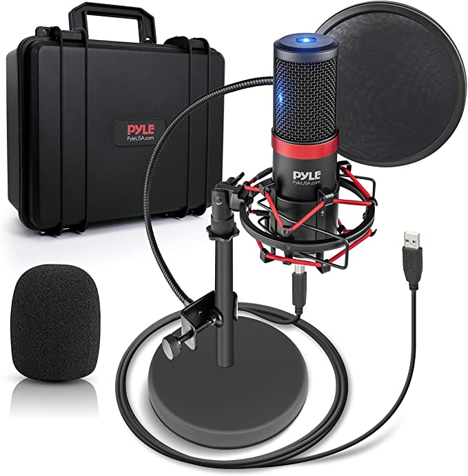 USB Microphone Podcast Recording Kit - Audio Cardioid Condenser Mic w/ Shock Mount Stand & Pop Filter, for Gaming PS4, Streaming, Podcasting, Studio, YouTube, Works w/ Windows PC Mac - Pyle PDMIKT200