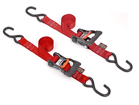 Powertye 1½in x 7ft Ergonomic Locking Ratchet Tie-Downs Made in USA with Heavy-Duty S-Hooks, Red (Pair)