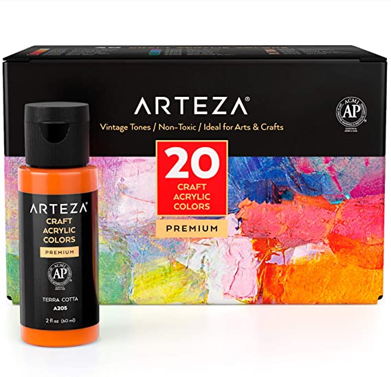 Arteza Craft Acrylic Paint, Set of 20 Vintage Tones, 60 ml Bottles, Water-Based, Matte Finish, Matte Acrylic Paint Set for Art & DIY Projects on Glass, Wood, Ceramics, Fabrics, Paper & Canvas