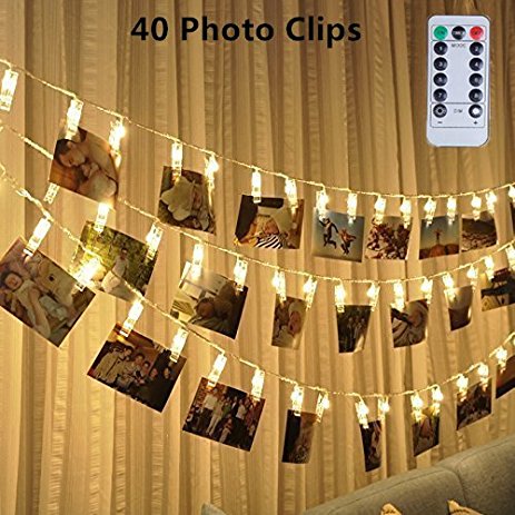 Led Photo Clip Remote String Lights, Magnolora 40 LEDs Battery Operated Fairy Twinkle String Lights, Wedding Party Home Decor Lights for Hanging Photos, Cards and Artwork (14 Feet, Warm White)