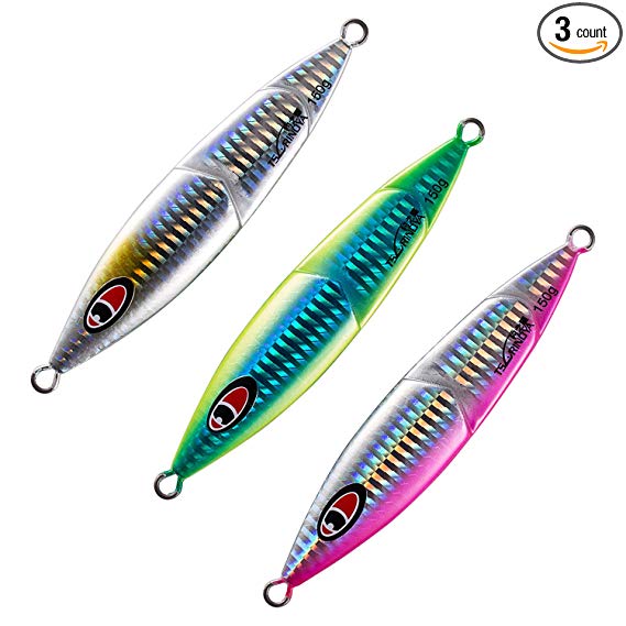 Bassdash Vertical Jigs Luminous Slow Jigging Lure Metal Spoon for Saltwater Freshwater Fishing 3 Colors 4 Weights, Pack of 3