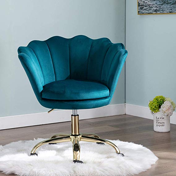 Comfy Upholstered Lotus Office Chair, Velvet Accent Armchair, Adjustable Swivel Task Stool with Gold Plating Base (Teal)