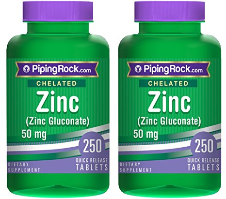 Piping Rock Chelated Zinc 50 mg VALUE SIZE 2 Bottles x 250 Quick Release Tablets Gluconate Dietary Supplement