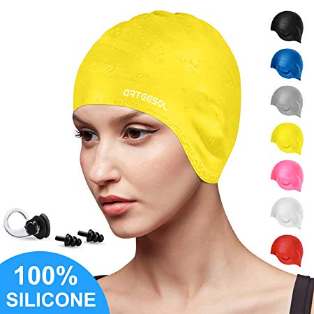 arteesol Swimming Cap, Silicone Swim Cap for Women Men, Durable Non-Slip Waterproof Swim Cap Protect Ears, Long Hair for Adults, Older Kids, Boys and Girls