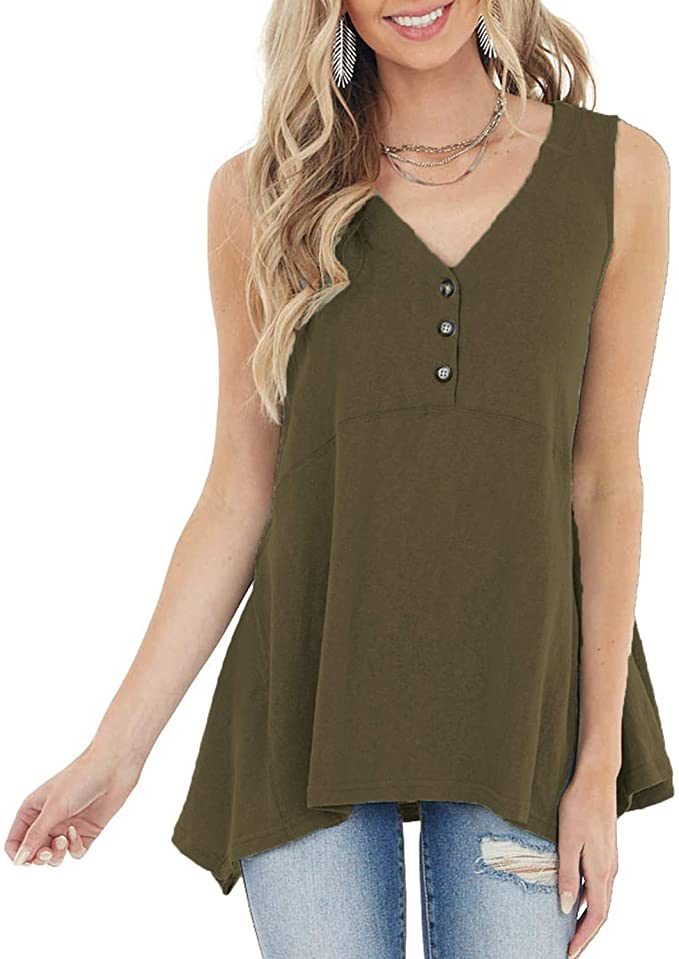 ReachMe Womens V Neck Babydoll Tank Tops Loose Fit Button Front Sleeveless Tunic Tops Summer Tshirts Tees
