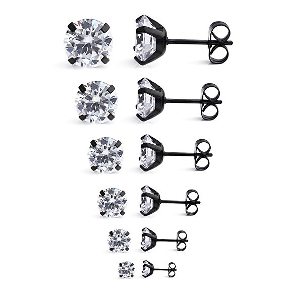 Ruifan 20G Mix Color Stainless Steel Clear Round Cubic Zirconia Stud Earrings for Men Women 2-8mm 7Pairs