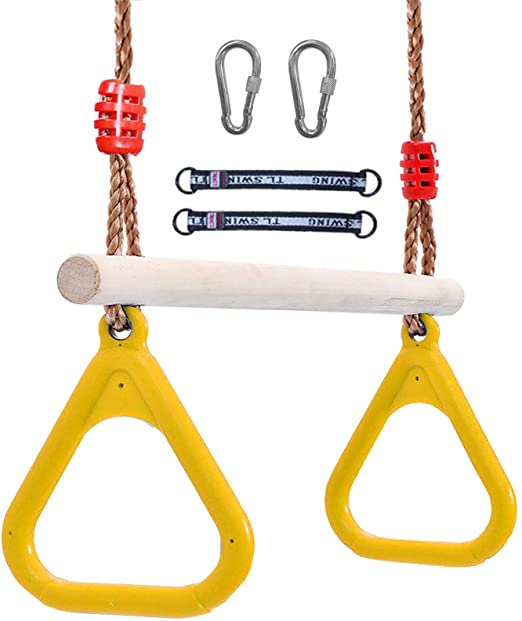 Flyzy Trapeze bar for Kids Trapeze Swing bar with Rings& Locking Carabiners for Indoor Jungle Gym Play Set and Outdoor Playground for Swingset ,Ninja line Backyard(Yellow)