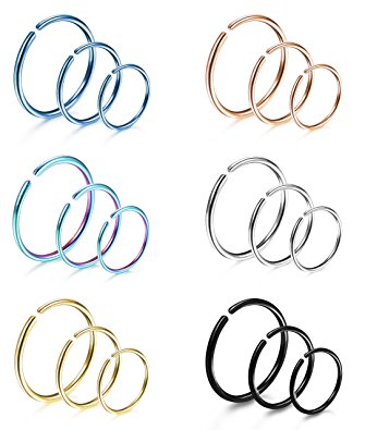 LOYALLOOK 18Pcs 20G 316L Stainless Steel Nose Ring Hoop Cartilage Hoop Septum Piercing 6-12mm