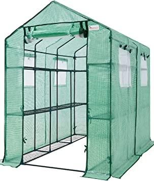 KING BIRD Upgraded 7 x 4.7 x 6.4 FT Walk-in Greenhouse for Outdoors, Thickened PE Cover & Heavy Duty Powder-Coated Steel, w/ Zippered Mesh Door & Screen Windows, 20 Sturdy Shelves for Garden, Green