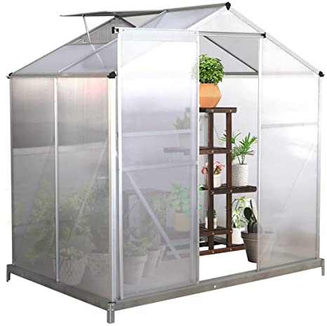 6'x4' Walk-in Polycarbonate Greenhouse Aluminum Greenhouse Kit Hobby Greenhouse, Garden Greenhouses for Outdoors Green House w/ Window Adjustable Roof Vent, Rain Gutter for Plant( 6' L x 4' W x 6' H)