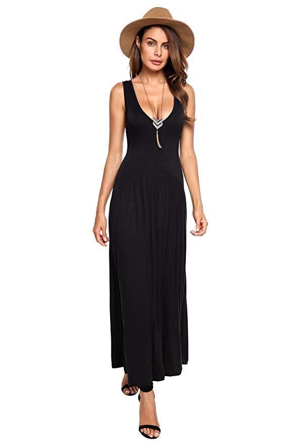 Beyove Women's V-Neck Stretchy Loose Fit Tank Racerback Pleated Casual Sexy Maxi Dress