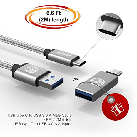 iHubr, SPECIAL SET - 2in1: USB C Cable to USB 3.0   USB Type C to USB 3.0 Adapter. Braided Cable, Metal Housing, 6.6 Ft (2M), for New Macbook, Nexus 6P/5X and Other Type-C Supported Devices (Gray)