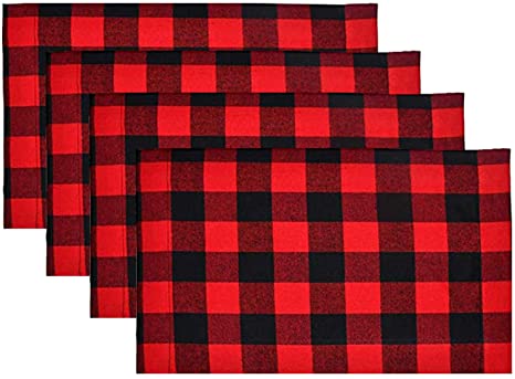 Deloky 4 Set of Red &Black Buffalo Check Plaid mats-Buffalo Plaid Check Placemats,Reversible Cotton Burlap Christmas Placemats for Christmas Table Decorations and Lumberjack Party Supplies