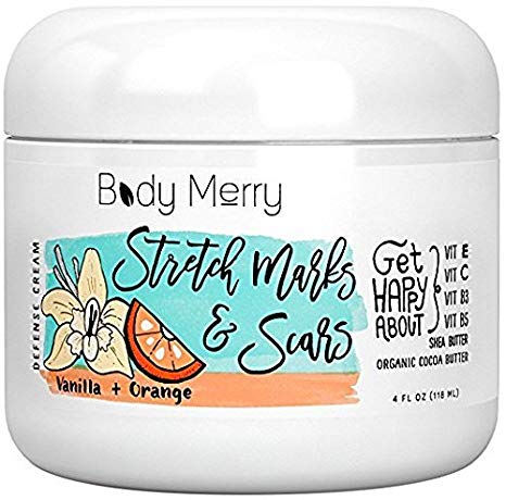 Body Merry Sweet Citrus Stretch Marks Cream – Daily Moisturizer with Organic Cocoa Butter   Shea   Plant Oils   Vitamins to Prevent, Reduce/Fade Away Old or New Scars – Best for Pregnancy and also Men