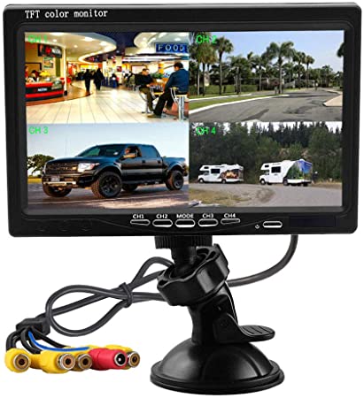 Hikity Quad Split Monitor 7 Inch HD Screen LCD Video Displays for Home CCTV Surveillance Security System, Windshield Style Parking Dashboard Monitor for Car Backup Camera