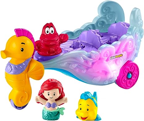 Fisher-Price Disney Princess Toddler Toy Light-Up Sea Carriage Musical Vehicle with Ariel & Flounder Figures for Ages 18  Months