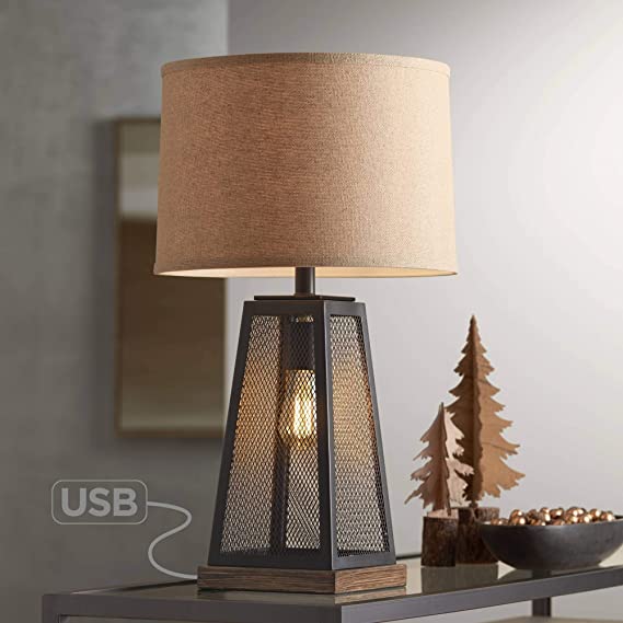 Barris Industrial Artisan Table Lamp with Nightlight LED USB Charging Port Metal Mesh Base Burlap Shade for Living Room Bedroom Bedside Nightstand Office - Franklin Iron Works