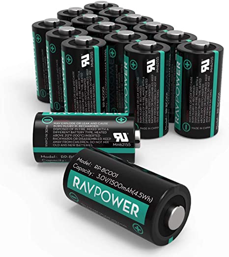 CR123A 3V Lithium Batteries RAVPower Non-Rechargeable Battery, 1500mAh Li-on Batteries for Polaroid Microphones Flashlight (16 Packs)