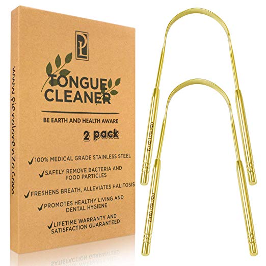 Tongue Scraper - Tongue Cleaner - Medical Grade Stainless Steel Metal - A lightweight bag - Eliminate Bad Breath With Tongue - by Piero Lorenzo Products (304 Stainless Steel - Golden) - 2 Pack