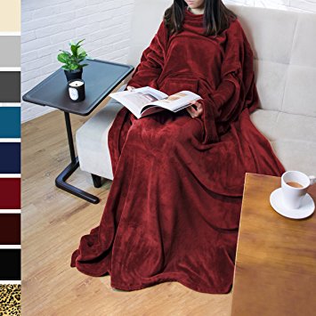 Premium Fleece Blanket with Sleeves by Pavilia | Warm, Cozy, Extra Soft, Functional, Lightweight (Wine)