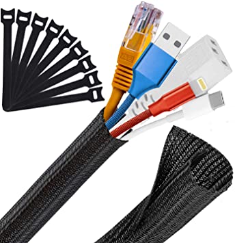 MOSOTECH Cable Management Sleeve, 2x1.6m Braid Cable Tidy Tube, Adjustable 13-25mm in Diameter, Cord Protector Wire Hider for TV Computer, Home and Theater, with 10Pcs Cable Ties - Black
