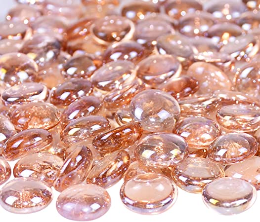 KINGOU Flat Glass Gems/Marbles/Stones/Beads for Vase Filler, Table Scatter, Games - 1 Lbs (17-19mm, Approx. 3/4") (Pink, Standard)