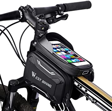 West Biking Bike Frame Bag, Bicycle Phone Mount, Waterproof Cycling Front Top Tube Pouch, Frame Phone Holder Bag, Handlebar/Crossbar Bag, Sensitive Touchscreen and Sun Visor for Phone Below 6.5 Inch