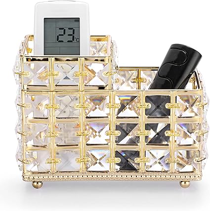 Hipiwe Crystal Remote Control Holder Gold Bling Makeup Brush Organizer Remote Caddy Candle Holder Tabletop Pen Pencil Storage Holder for Dresser Office Bathroom,2-Slot