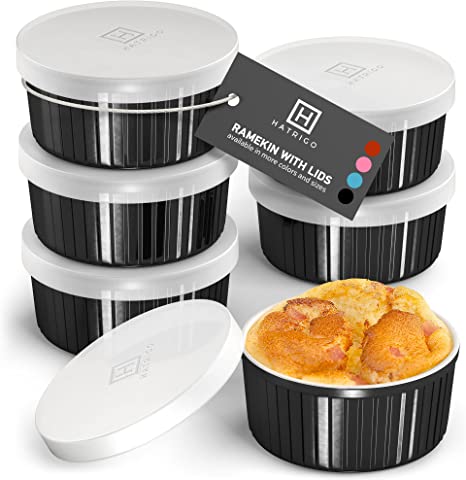 Hatrigo Porcelain Ramekins with Silicone Storage Lids, Set of 6 Black Ramekins, Ramekins 6 oz Oven Safe, 450 deg F, Dishwasher Safe