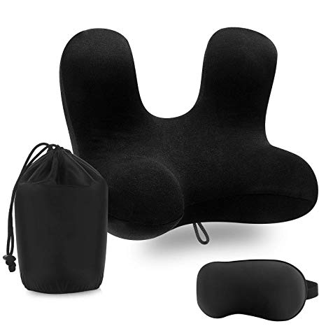 OlymFits Travel Pillow Memory Foam, Back and Neck Support Pillow for Sleeping, Nap, Airplane, Kids, Car and Office (Black)