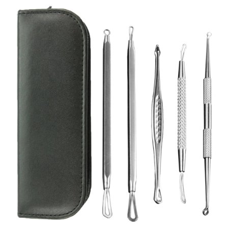 Blackhead and Pimple Remover Kit - Instructions Included - 5 Surgical Extractor Tools - Excellent for Acne Treatment, Pimple Popping, Blackhead Extraction, Zit Removing, Blemish Removal, Comedone Extracting, Whitehead Popping, and Facial Blemishes, Bonus E-Manual (Black)