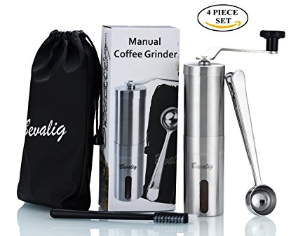 Manual Coffee Grinder with Travel Pouch, Spoon and Cleaning Brush | Ceramic Conical Burr for Precision Brewing | Stainless Steel Hand Crank Mill