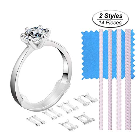 Ring Size Adjuster 2 Styles Invisible Ring Adjuster Sizer Reducer with Jewelry Polishing Cloth for Loosing Rings, 14 Pieces, 10 Sizes