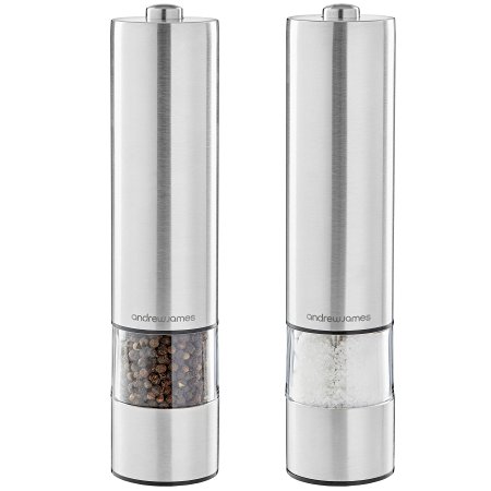 Andrew James Large Stainless Steel Electronic Salt And Pepper Mill Set, Illuminates as it Grinds - Includes 2 Year Warranty