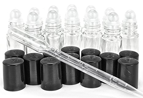12 New, High Quality, Clear, Mini (Approximately 4 ml, 1/8 fl. oz) Glass Roll on Bottles, with 3 ml Dropper